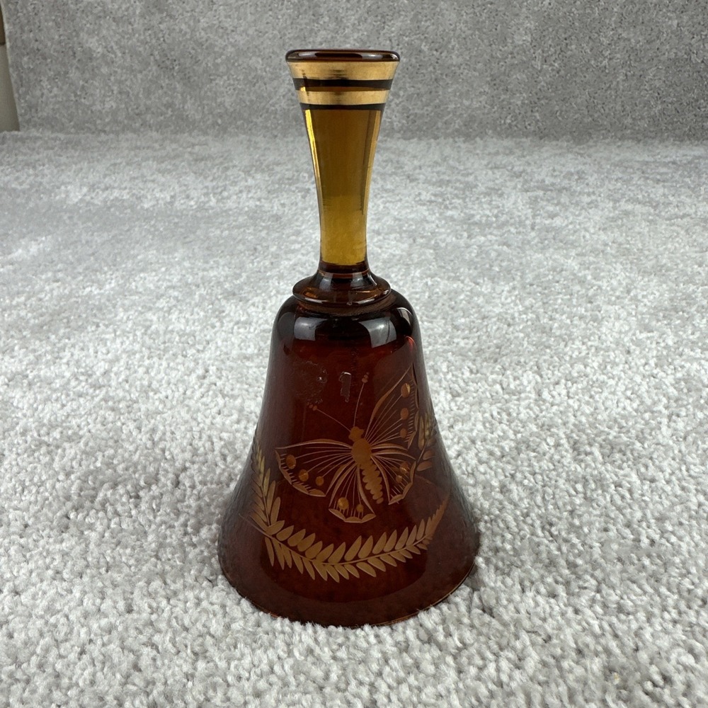 Rare Beautiful Vintage Bohemia Amber Brown Gold 6" Bell Butterfly Flowers‎ Bell